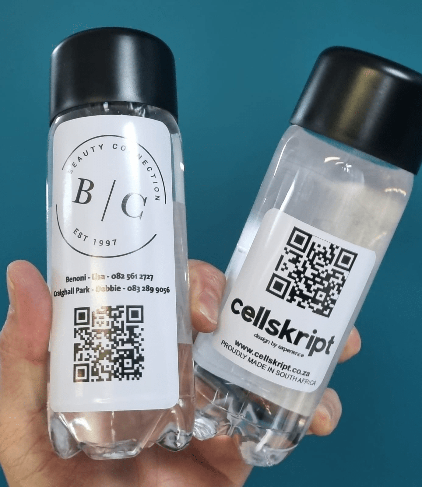 Close-up branded water bottle detail