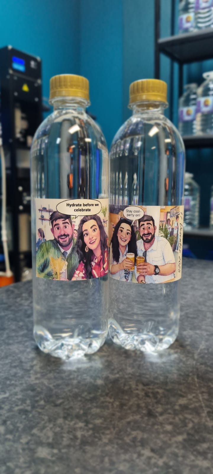 Branded water with custom illustrated labels